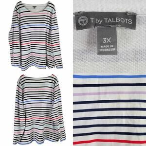 Talbots Sweatshirt Terry Knit Plus Size 3X White Striped Stretch Pullover